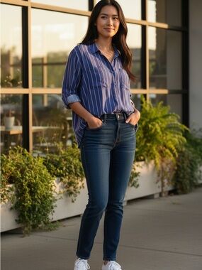 REITMANS  Navy Vertical Stripe Button-Front Blouse size xl